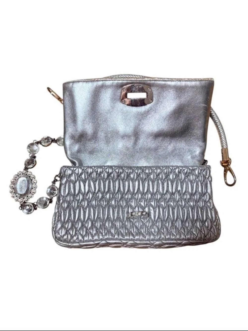 Miu Miu Shimmery Silver Quilted Evening Clutch with Jeweled Strap